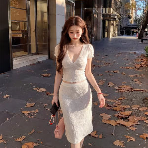 Womens Double Layered Jacquard Floral Two-Piece Set – Puff Sleeve Top & Midi Skirt2026