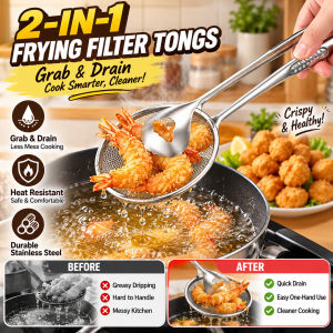 2-in-1 Frying Tongs with Strainer Stainless Steel Strainer Clip Food Frying Clamp Oil Filter Colander 油食夹网