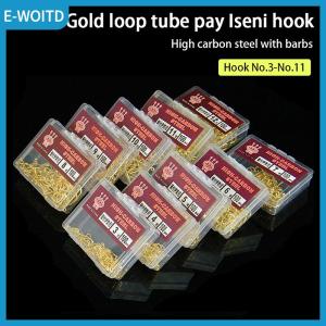 【E-WOITD】 100pcs Box Gold Color With Ring Tube Pay Iseini Hooks Barbed High Carbon Steel Sea Fishing Hooks