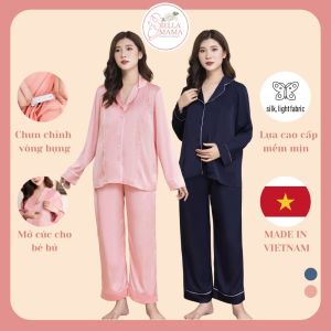 Bộ Bầu Mặc Nhà Pỵjamas Lụa Cao Cấp Đồ Bầu Sau Sinh Mở Khoá Cho Con Bú và Quần Chun Chỉnh Bụng Dài Tay Bella Mama