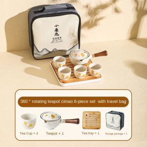 NG65D 5/7pcs Ceramic Lucky Cat Teapot Set 360° Rotating Japanese Style Bubble Tea Set Exquisite with Bag and Tea Tray Kung Fu Tea Pot Set Travel