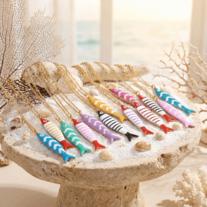 JON09 Stainless Steel Stripe Fish Charms Pendant Lightweight Enamel Layered Necklace Statement Jewelry Lovely Design Marine Organisms Jewelry Summer Season