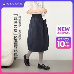 GIORDANO Women Skirts 100% Cotton Balloon Midi Skirts Elastic Waist A-Line Fashionable Casual Long Skirts 05466669