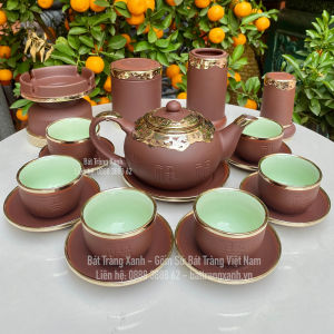 Bộ Ấm Trà Bọc Đồng Trắng Đủ Phụ Kiện - Phúc Lộc Thọ Ráp Đồng - Ấm Chén Bọc Đồng Cao Cấp Vương Mạnh Tuấn