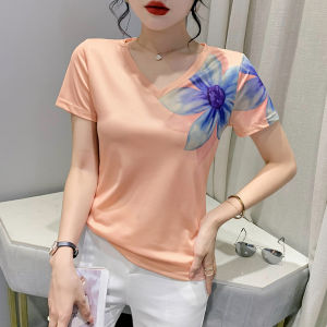 REHIN Womens top 3D large flowers print fashion design slim fit V-neck short-sleeved T-shirt S-3XL elegant blouse
