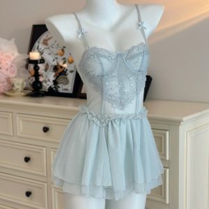 SEEMAY with Under-wired Suspender Nightdress Sling Slim See Through Sleep Dress Sweet Thin Lace Bow Dress Female