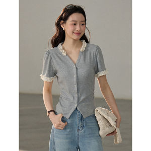 2026 New Summer Women Contrast Color Fungus Edge Spliced Casual Blouse