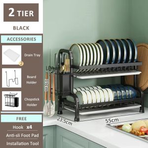 GSlife 2/3-Tier Dish Drainer black gold Dish Drying Rack Countertop Plate Organizer Storage Shelf Stainless Steel Rak Pinggan