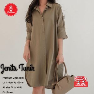 Tunik Wanita Polos Simple Elegan Linen Rami Premium Midi Dress Jenita Korean Style Kancing Aktif Lengan Pendek Nyaman Cocok Formal & Semi Formal - XELLEA