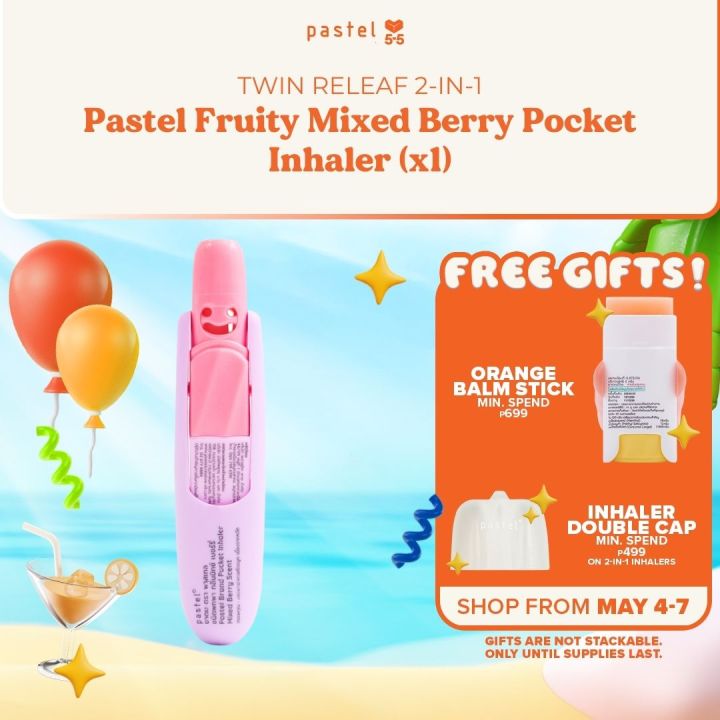 Pastel 2-in-1 Fruity Mixed Berry Scent Pocket Inhaler x1 (1.5ml)Menthol Vapors, Fruit Extracts, Essential Oil, Relieves Dizziness, Headache, Fatigue] (Twin Releaf)