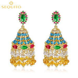 SEQUITO Colorful Cubic Zirconia Long Tassel Chandelier Bell Earrings Women Boho Hollow Drop Jewellery SE310