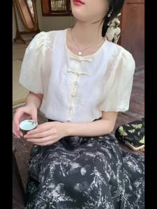 AMMIN เสื้อเชิ้ตผ้าชีฟองปักลายดอกไม้กระดุมสไตล์จีนเสื้อผู้หญิงหรูหราแขนโคมไฟหวานฤดูร้อนแขนสั้นฤดูร้อน2024