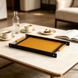 FFBH Modern Minimalist Creative Serving Tray Solid Wood Leather Fruit Tray Heat Resistant Living Room Dining Table Kitchen Storage 9H4B3