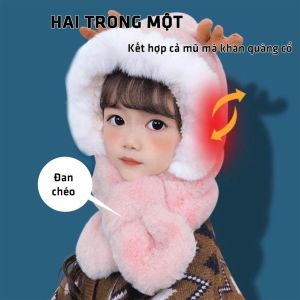 Mũ Len Kèm Khăn sừng nai Cho Bé 4-8 Tuổi Mũ lông trùm đầu liền khăn cổ giữ ấm cho bé (tuyển sỉ).