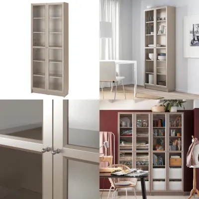 ( [INSTALLATION SERVICE PROVIDED] IKEA Billy Bookcase With Glass Doors Display Cabinet Grey Turquoise Metallic Grey
