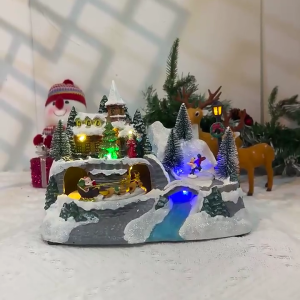 Christmas Snow House Figurine with Music Resin Crafts Art Statue for Home Restaurant Bar Table Decoration