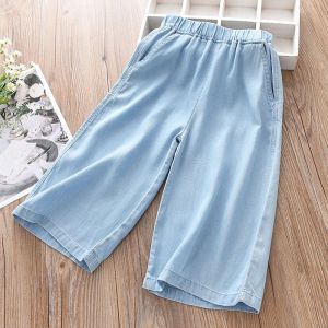 5-12 Years Children Girls Summer Spring Casual High Waist Calf-length Loose Wide Leg Denim Pants