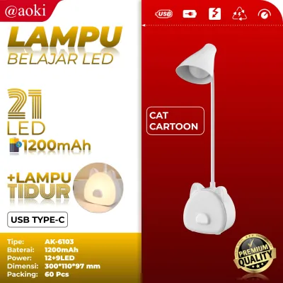 AOKI Lampu belajar si kucing tricolour sentuh 3warna Baca Meja Kerja 1200mah lucu unik