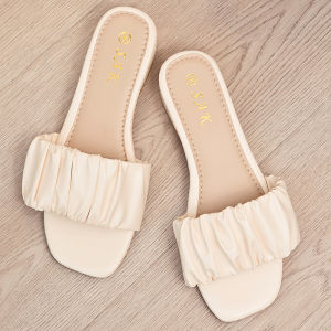 SAK.FOOTWEAR Elegant White PU Leather Square Toe Mules with Ruffle Detail 36-40 SIZE