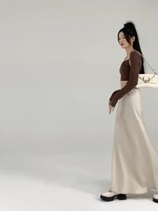 Ammin 2024 Mùa Xuân/Mùa Hè dây kéo cao-eo giữa Chiều dài mặt bích A-line Màu Trơn Váy tiên cá cho phụ nữ phong cách Hàn Quốc hip-Covered váy