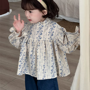 New Sweet Girls Floral Puff Sleeve Shirts 2025 Spring and Autumn Korean Kids Lace Collar Cotton Blouses Baby Girls Casual Tops2026
