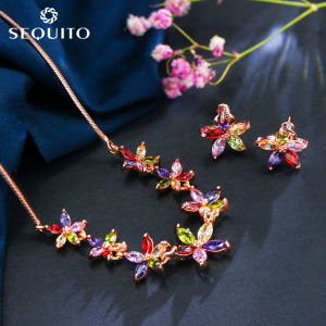 SEQUITO Sweet Colorful CZ Diamond Flower Charm Necklace and Stud Earrings Pave Setting Rose Gold Plated Korean Fashion Jewelry Sets for Women Girls Best Gifts SJ098