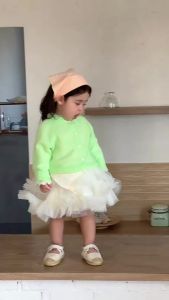 Baby spring clothing 2026 Korean-style childrens clothing girls spring outfit knitted jacket and tulle skirt set
