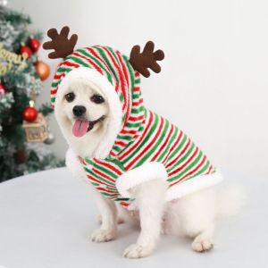 CLOVO Elk Stripe Christmas Pet Hooded Sweater Cute Cartoon Christmas Dogs Cats Sweatshirt Christmas Series Decor Thicker Pet Pullover Christmas