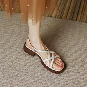 Free Shipping New Retro Square-Toe Sandals Brown Open-Toe Flat Sandals With A Single Strap WomenS Summer Fashion Roman Sandals
