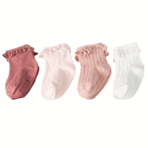 4 Pairs Baby Girls Socks Non-Slip Newborn Socks Childrens Cotton Sock Soft Breathable Spring Autumn