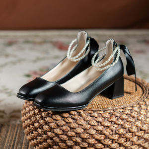 34French Style Pearl Ribbon Mary Jane High Heels White Wedding Shoes Womens Fashion Single Shoes Korean Style erfly Knot