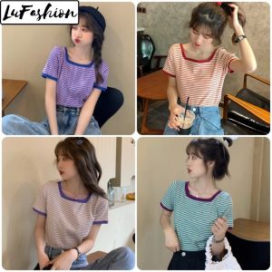 LuFashion Tops for Women Square Neck Stripe Summer Short Sleeve Casual T-Shirts