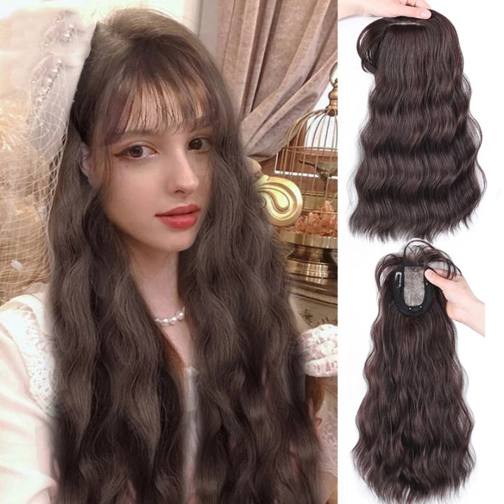 Topper Wig Clip In Hair Extension Water Wave Hair With Bangs Fake Hair Hairpiece Synthetic Toupee For Women