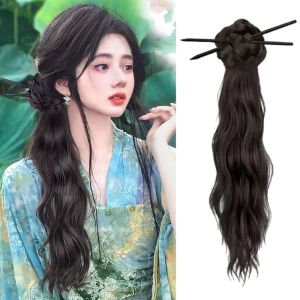 ER52858 Hair Stick Long Wavy Curly Ponytail Hairpin New Chinese Style Flower Bun Head Wig Hair Accessories Fluffy Pony Tail Hairpiece Party