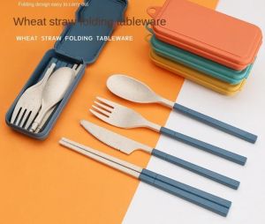 **BEST SELLING** 2025 NEW Portable Cutlery Set with Case Reusable Travel 5 Piece Utensils Set Flatware Spoon Fork Knife and Chopsticks with Case Set Kutleri Mudah Alih dengan Sarung Set Perkakas Perjalanan 5 Keping 折叠餐具