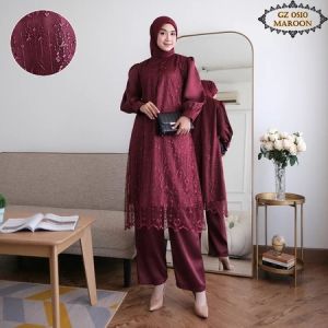 Setelan Wanita Terbaru 2025 Laura Set 2in1 Baju Atasan Brokat + Celana Satin One Set Kondangan Simple