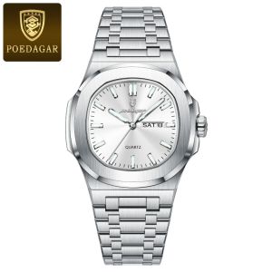 POEDAGAR Business Men Watches Waterproof Luminous Date Week Stainless Steel Mens Watches