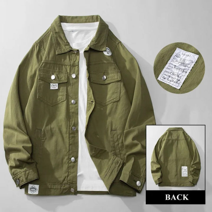 [Gozbkf]Spring Army Green Patch Denim Jackets Wash Cotton
