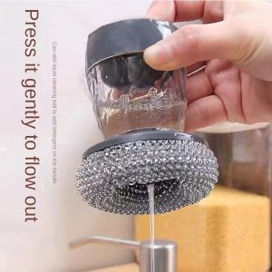 Auto-Dispensing Scrubber Brush – Stainless Steel Scouring Pad with Detergent Container for Kitchen Pots & Stove Cleaning (Magic Cleaning Tool)