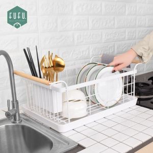 Fudonar ตะแกรงคว่ำจาน มีหูจับ มีถาดรองน้ำ ที่คว่ำจาน ชั้นวางจาน ชั้นเก็บจาน ของใช้ในครัว ชั้นเก็บจาน ชั้นวางจานระบายน้ำ