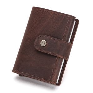 กระเป๋าใส่เงินของผู้ชายหนังแท้หนังเครซีฮอร์สกล่องอลูมิเนียมกระเป๋าใส่บัตรเครดิตอัตโนมัติเคสบัตรป๊อปอัพ RFID การปิดกั้น