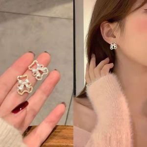 Anting Beruang Bear Rhinestone Bow Stud Earrings Korean Fashion Jewelry Elegant Women Accessories