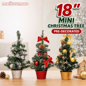 Mini Christmas Tree Tabletop Artificial Pine Pre Decorated Ribbon Bow LED Lights Desktop Home Holiday Decor