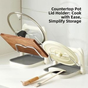LIEYH Double Layer Pot Lid Storage Rack Anti-Slip No Drill Pot Cover Shelf Space Saving Large Capacity Spoon Rest Kitchen