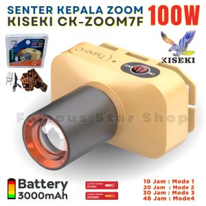 Senter Kepala KISEKI CK-ZOOM 7F Lensa ZOOM Loreng Terbaru Tahan 30 Jam Daya 100 Watt Baterai 3000mAh Tahan Air Dan Benturan Ready Cahaya Kuning Dan Putih Cas USB Tipe-C Headlamp | Headlight LED Rechargeable | FAMOUS STAR SHOP