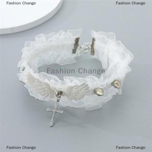 [COD] Fashion Change Fashion Solid Color Women Girls Necklace Wide Lace Rivets Lolita Lace Choker Y2K Angel Wings Cool Leather Necklace
