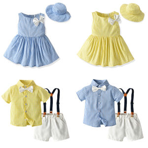 lontakids Baby Boys Girls Summer Plaid Dress + Hat Or Short Sleeve Shirt + Suspender Shorts Toddler Beach Party Clothes Set Holiday Casual Wear Outfit