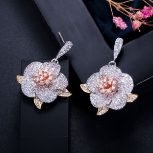 SEQUITO Nữ Tinh Tế 3D Hoa Hình Học Bông Tai Kiểu Treo Lủng Lẳng Tricolor Mạ Điện Đầy Đủ Pave AAA Đá Cubic Zirconia Kỷ Niệm Quà Tặng Trang Sức Phụ Kiện Quần Áo SE760