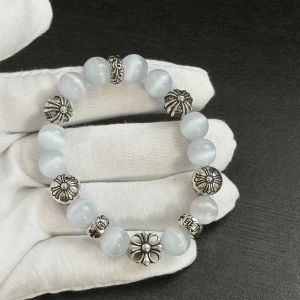 S925 Silver Cross Silver Bead Bracelet Gray Pattern White Opal Niche Cooling Personality Punk Style Couple Stacked Jewelry