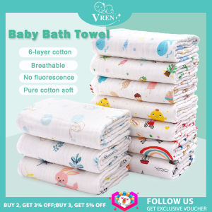 VREN Baby Bath Towel 6-layer Pure Cotton Super Soft Absorbent Newborn Infant Newborn baby Children Baby Bedding Blankets Super Soft Fully Cotton Gauze Towel(110*110cm)